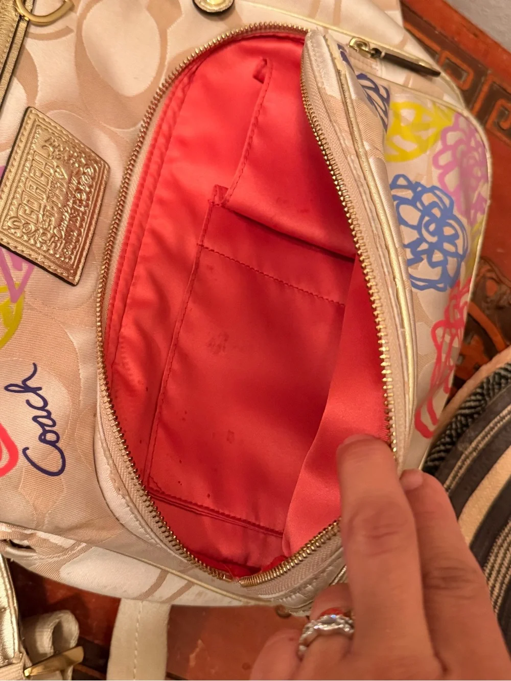 Coach Beige Signature Backpack with Multi-Color Floral Print